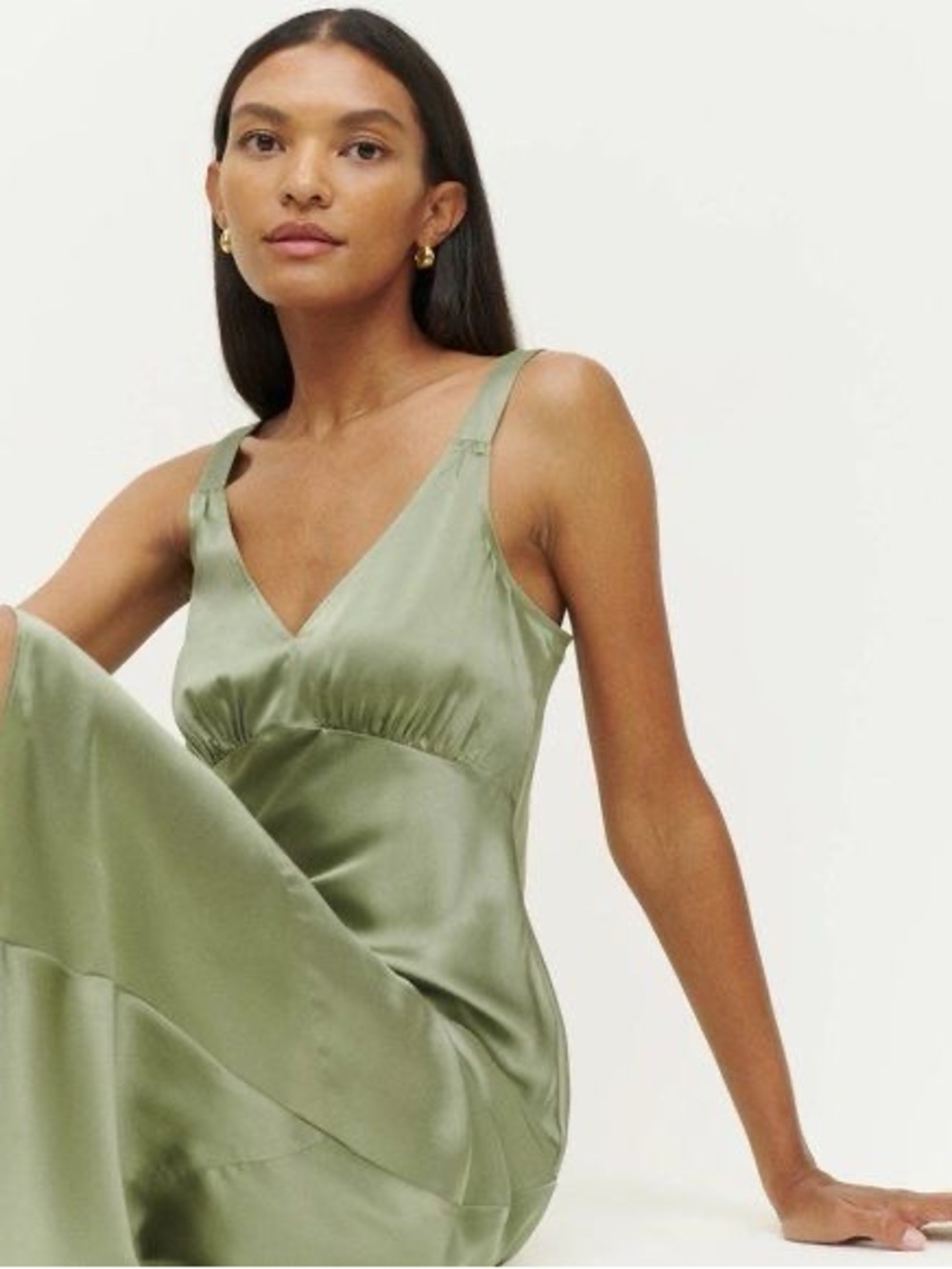 Reformation Daytona 100% Silk Midi Dress Artichoke Green V-Neck - Picture 4 of 10